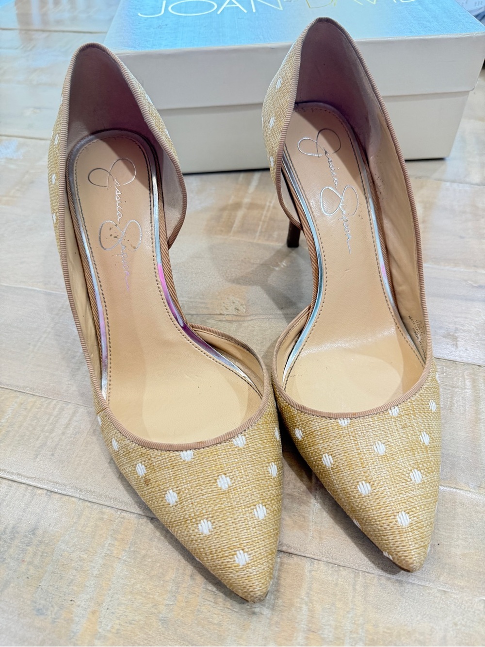 Jessica Simpson Prizma D'Orsay pump heels raffia texture with white polka dots